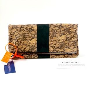 Clare Vivier Lace Print Foldover Leather Clutch